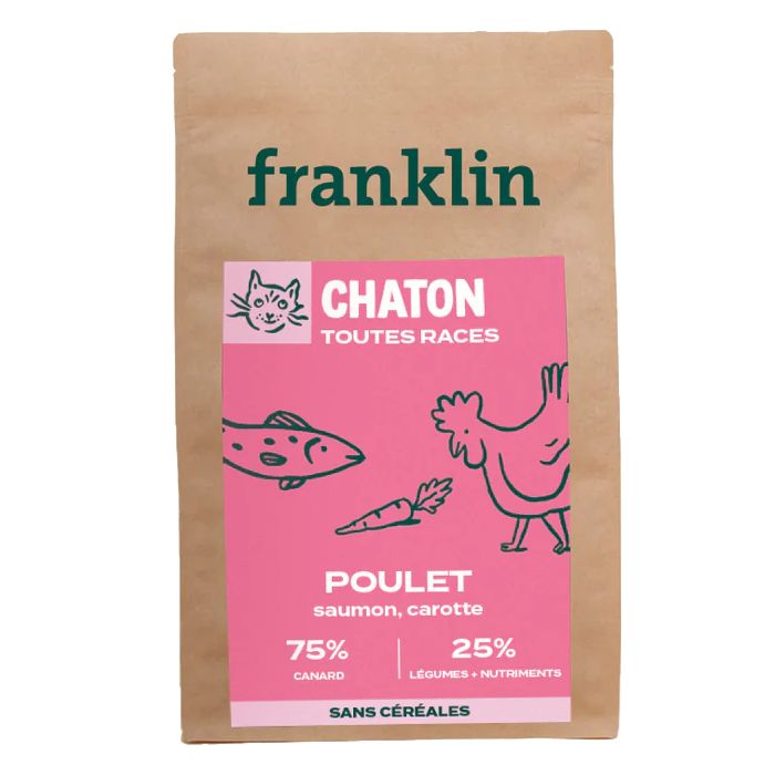 Croquettes Franklin sans céréales poulet, saumon et carotte pour chaton