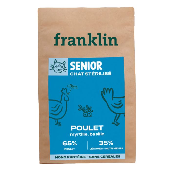 Croquettes Franklin sans céréales poulet, myrtille et basilic pour chat senior