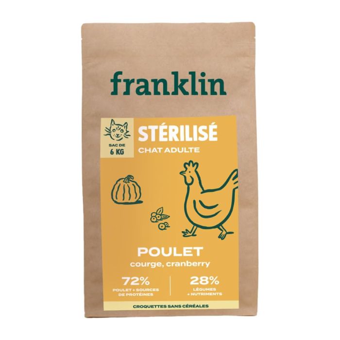 Croquettes Franklin sans céréales poulet, courge et cranberry pour chat stérilisé