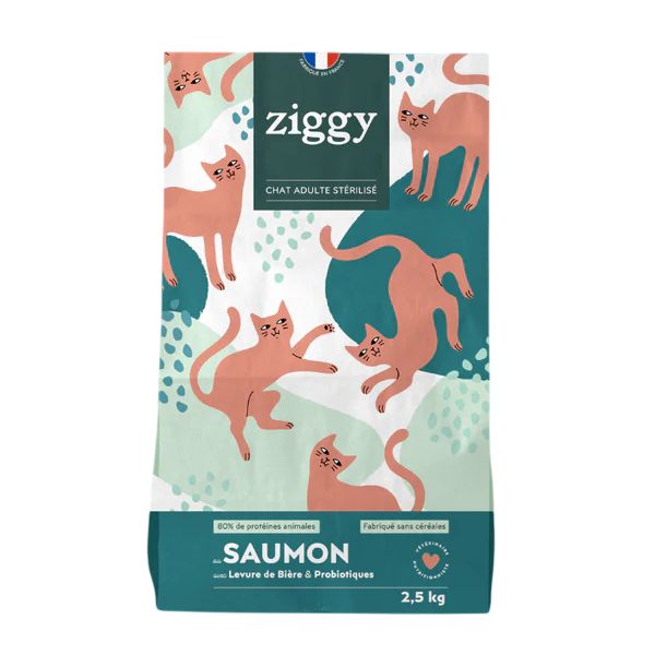Croquettes Ziggy sans céréales au saumon pour chat stérilisé